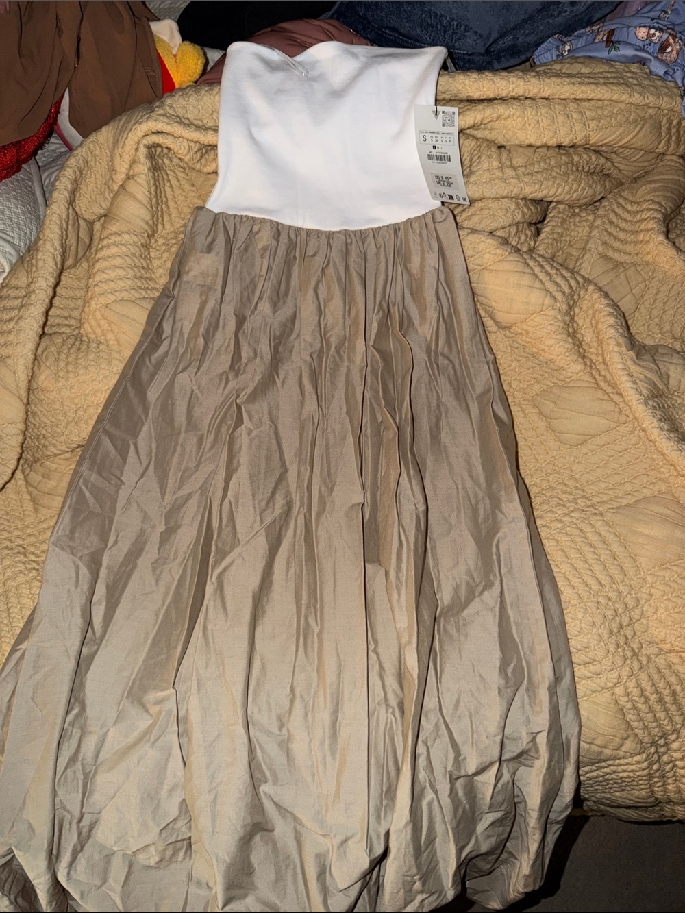 White & Taupe Strapless Maxi dress
